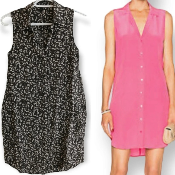 Theory Walvan Silk Sleeveless Shirt Dress With Pockets Size 0 Black Brown Cream - Picture 1 of 14